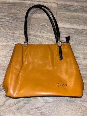 Gucci Yellow-Brown Leather Tote with Black Handles